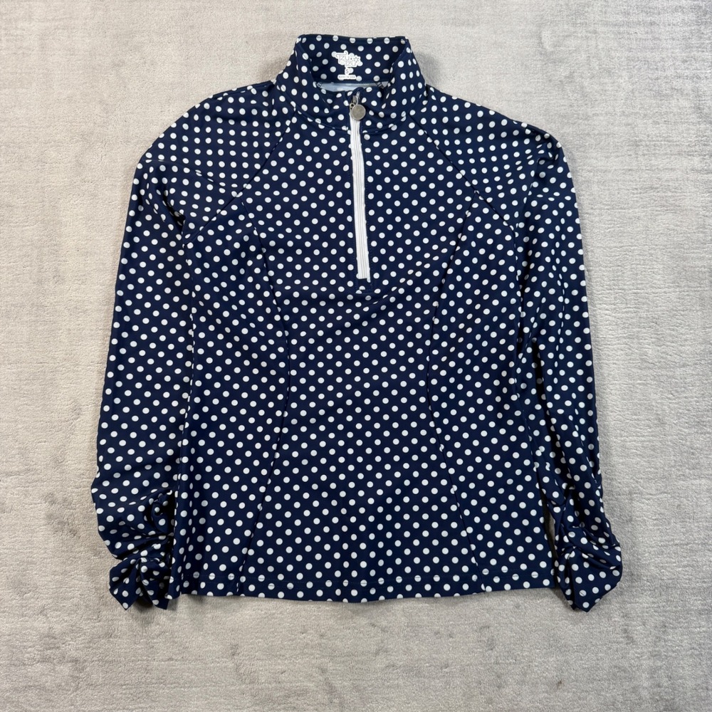 Tzu Tzu Top Women Small Navy Blue Quarter Zip Polka Dot Ruched Golf Activewear